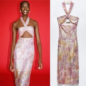 ZARA Sequin Knotted Halter Cut Out Dress XL NEW NWOT
